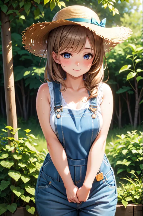 (High quality, High resolution, Fine details), lush greenery, posh background, summer vibes, overalls, straw hats, solo, curvy w...