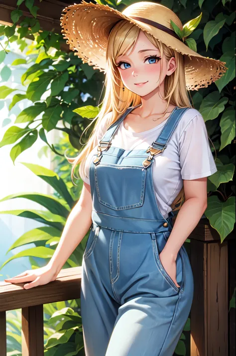 (High quality, High resolution, Fine details), lush greenery, posh background, summer vibes, (overalls), white shirt, straw hats...