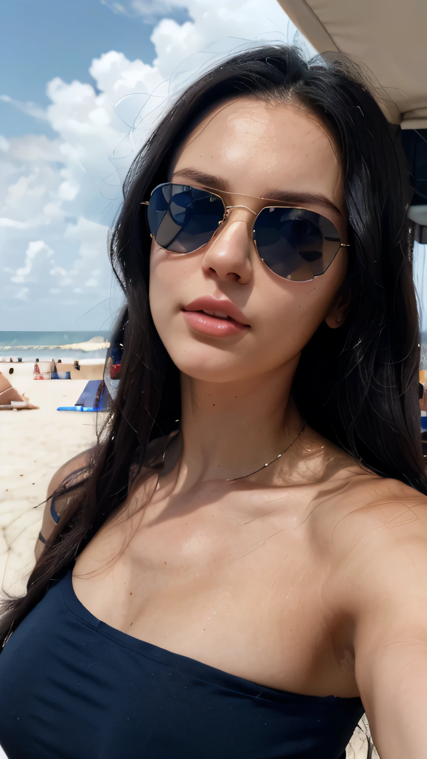 A close up of a woman wearing sunglasses on a beach - SeaArt AI