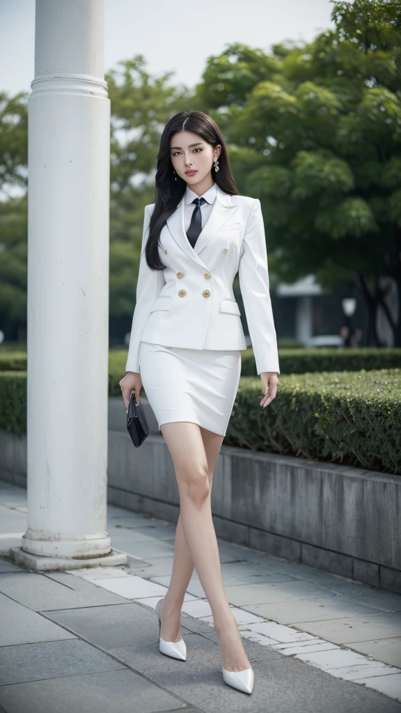 woman, (สาวสวยTwo meter long hair, very long hair, Extra long hair, long black hair), (Italian style suit, white, Two button suit), (Italian Suit, white suit, two-button suti), Two suit buttons, (ใส่สูทwoman, Business woman&#39;s suit, white), (ชุดสูทwomanwhite), (เสื้อเชิ้ตwhite), necktie, (necktieสั้นสีดำ, necktieสีดำ, The Skinny Necktie, Knit tie), (Military rank insignia), (short pencil skirtwhite), (dynamic post), full body, (A gigantic rift), (Huge breasts, thin body, small waist, hips raised, small thighs, Long legs), black high heels, (short pencil skirt, white), Wearing a suit for a business woman, (Wearing a white business suit, สูทนักธุรกิจหญิงwhite), (tight, military regalia, เสื้อwhite, กระโปรงwhite), (black shoes), (Two-button gold-colored suit buttons, Two meter long hair, Form-fitting suit, เสื้อสูทwhiteทรงธรรมดารัดรูป), (black high heels, Black pointed toe high heels), (stand, walk, Graceful posture, dynamic post), short suit, earring, garden,  Monument, louis vuitton Twist West,