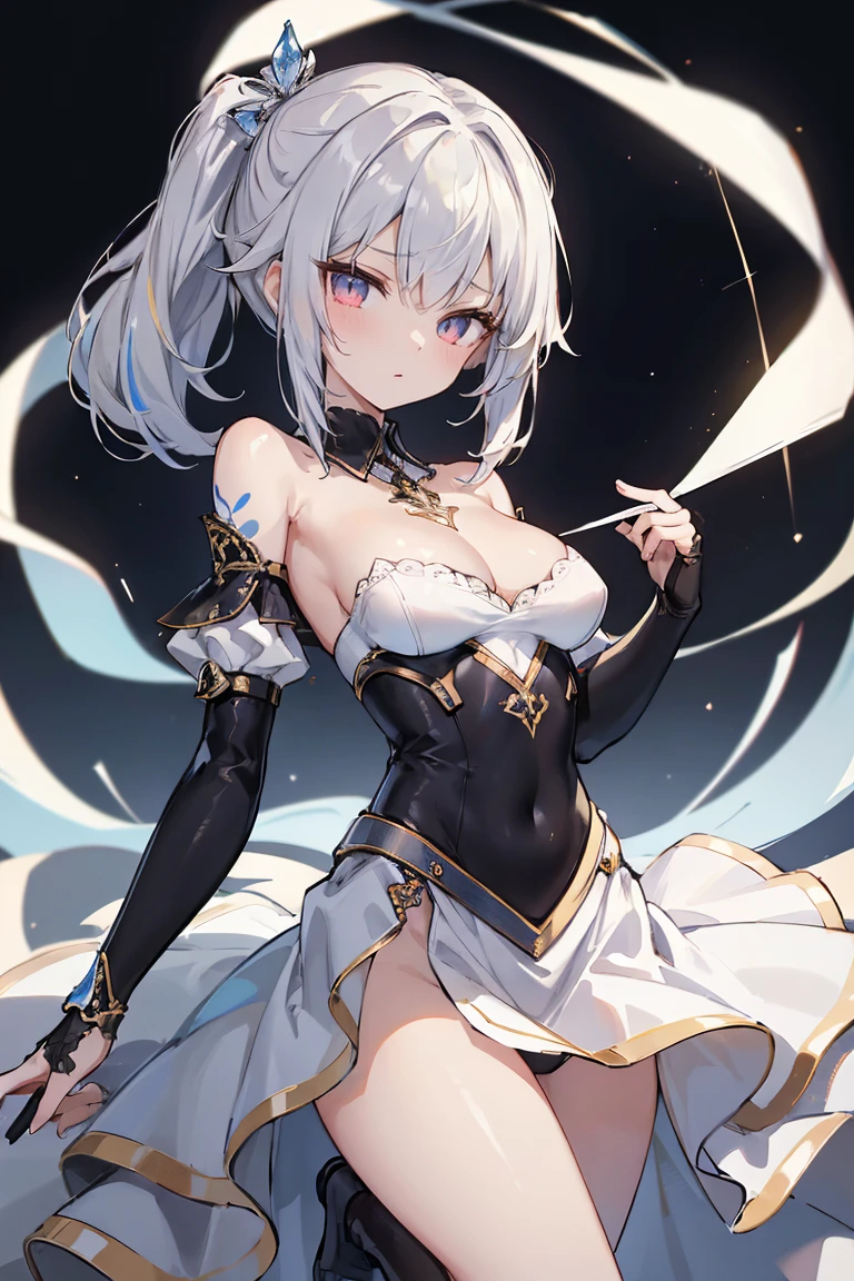 1girl, anime, cute girl, blank background, white background, fantasy, detailed fantasy dress with highlights, beautiful face, beautiful eyes, dark colors, black hair with multicolor streaks, red eye with different color pupil in eye, multicolor eye, medium small breasts (slightly big), slight cleavage, beautiful skin, cute, breast curtains, extremely delicate and beautiful, (beautiful detailed face:1.0), (detailed deep eyes), symmetrical breasts, deep eyes, shiny skin, portrait, slender waist, hips wider than shoulders, thighs, expressionless, young girl, luminous eyes, adorable，（Kpop idol）,（aegyo sal：1），（Platinum blonde hair：1），（（puffy eye）），Black panty，sexy posture，Superskirt, Ultra-high resolution，Black collar，slim figure, Abdominal y tattoo, womb tattoo，Tight-fitting leg ring，y tattoo on half-body，Bare skin, Armored hand，Hidden fingertips，Hand covered，Arm covered，Fist covered,{{beautiful detailed fingers}}, tufts of hair, moderate beautiful breast:1.0,(masterpiece:1.2), best quality, high-res, HDR, perfect face, intricate armor, delicate blue filigree, intricate filigree, red metalic parts, detailed part, dynamic pose, dynamic lights, cute face, neutral expression