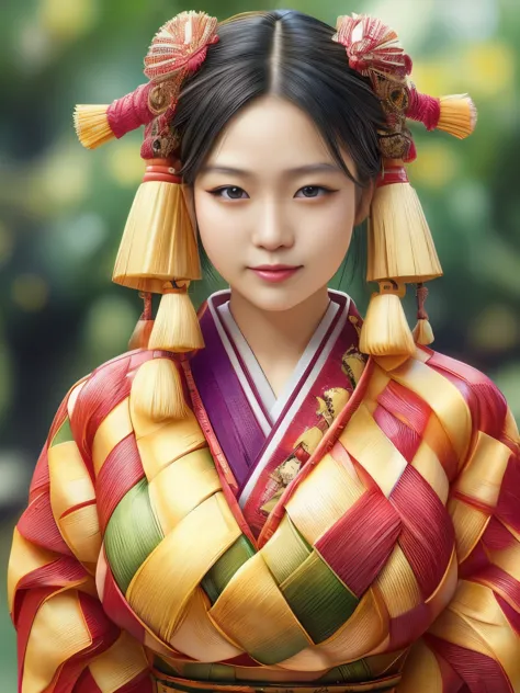 Hyper-realistic portrait of a Japanese girl celebrating Ketupat, wearing traditional attire, intricate and detailed design, close-up, shallow depth of field, soft lighting, high resolution, accurate representation, unique, creative, well-lit, clear details...