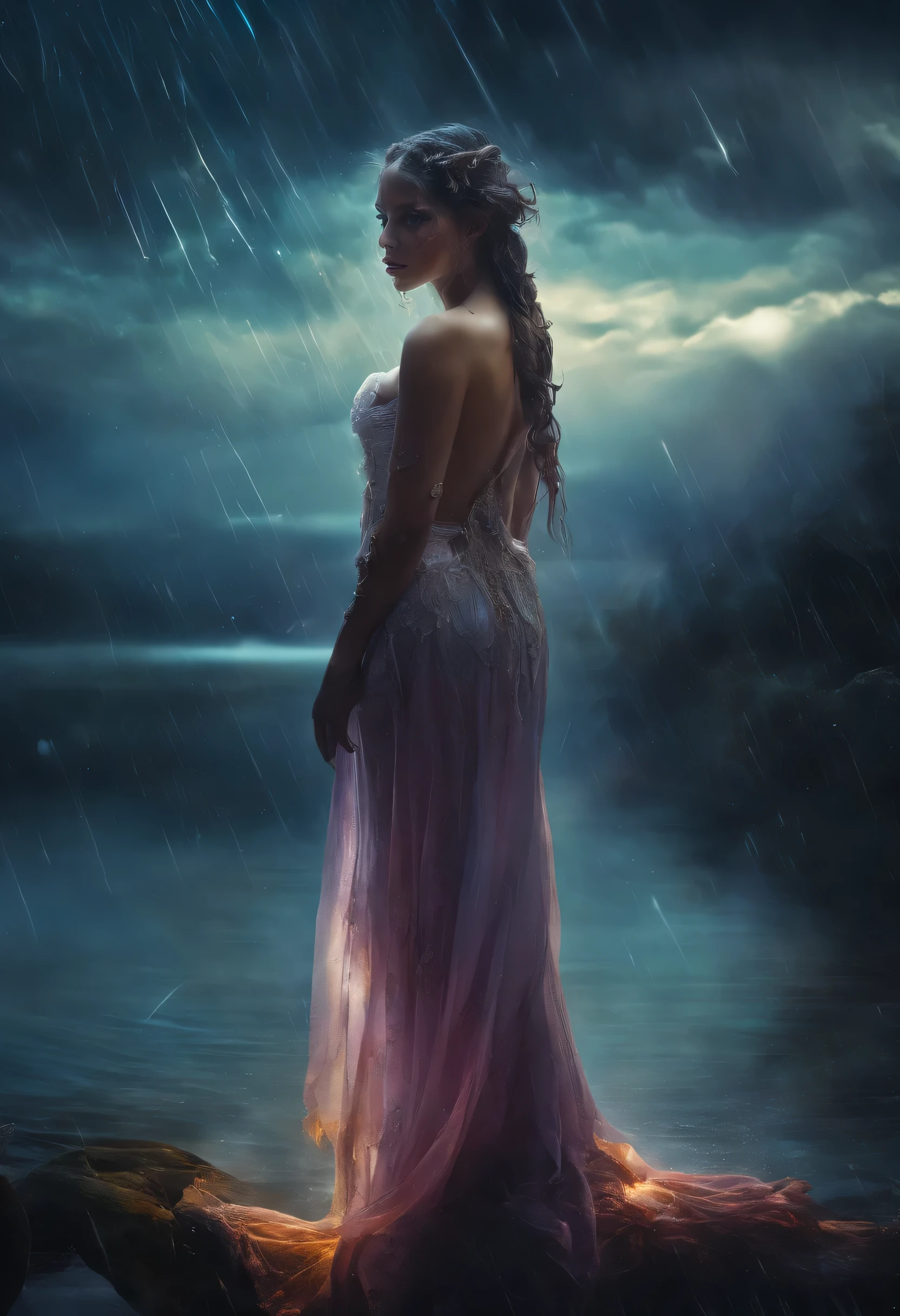 A woman in a dress standing on a log in the rain - SeaArt AI