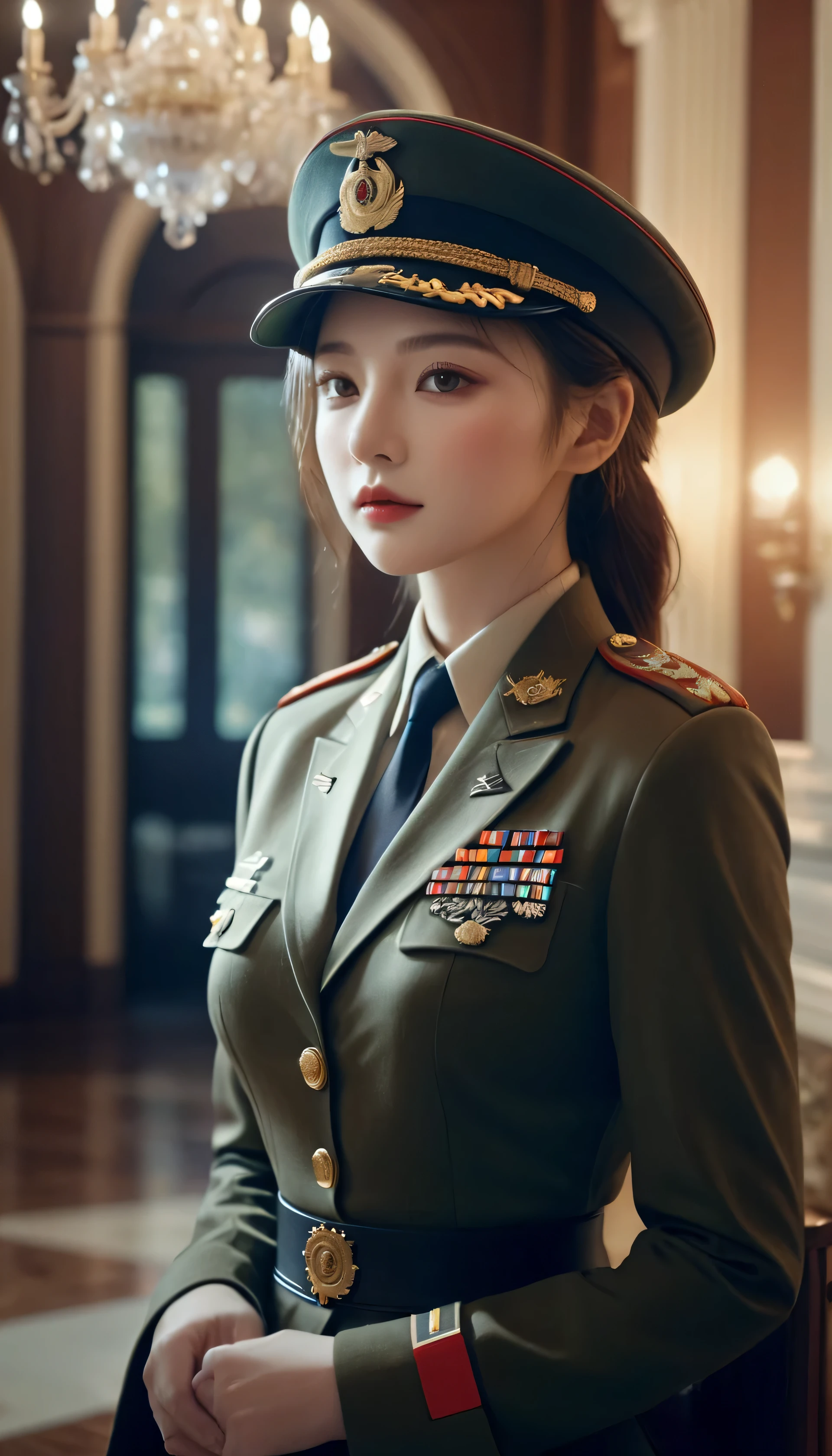 1 girl,wearing military uniform，Wear a military cap，Good Hand,4K, high resolution, masterpiece, best quality, head:1.3,((Hasselblad Photography)), Delicate skin, Sharp focus, (movie lighting), soft light, Dynamic angle, [:(Detailed face:1.2):0.2], big breasts,(((Inside the mansion))),