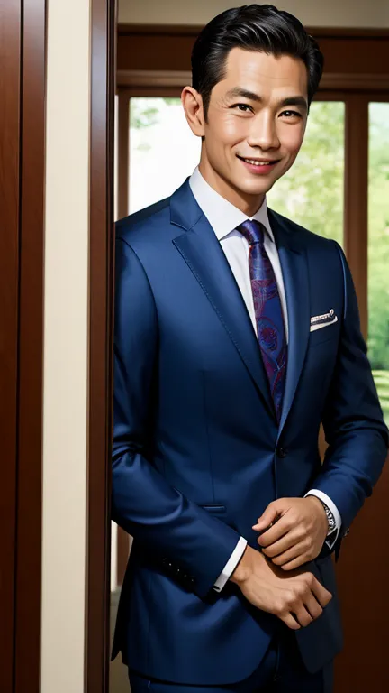 38 yo, high resolution photo of a handsome indonesia man in a suit, facing the camera with a genuine seductive smile. highlights...