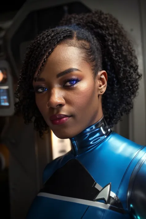 Black woman wearing blue sttldunf uniform,veins,borg,eyepatch,cable,luma,rosalina,detailed face,detailed eyes,detailed lips,meta...