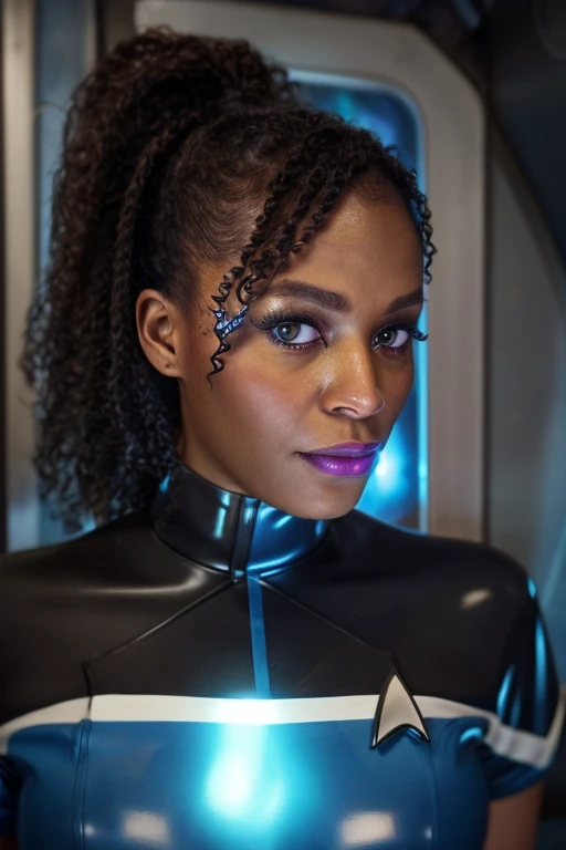 Black woman wearing blue sttldunf uniform,veins,borg,eyepatch,cable,luma,rosalina,detailed face,detailed eyes,detailed lips,metal texture,sci-fi,glowing lights
jamesdaly artstyle,