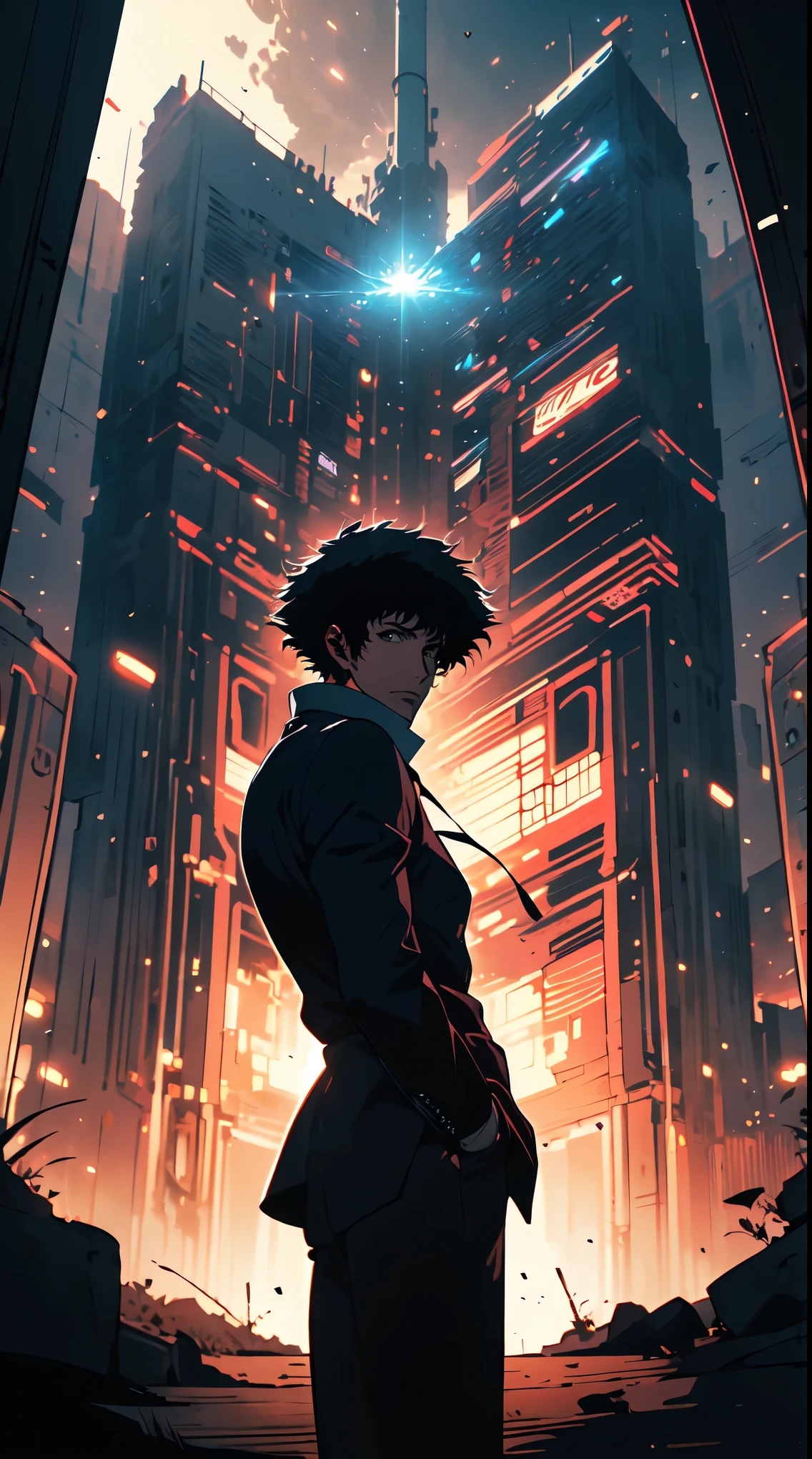 (Masterpiece, professional work), cowboy shot, spikespiegel, male space cowboy, dessert with space battleship in the background, cowboy hat, centered, dynamic pose, anime style, key visual, dynamic lighting, ultra detailed, intricate, (epic composition, epic proportion), 2D illustration, breathtaking, panoramic, cinematic, (cowboy bebop inspired:1.2),