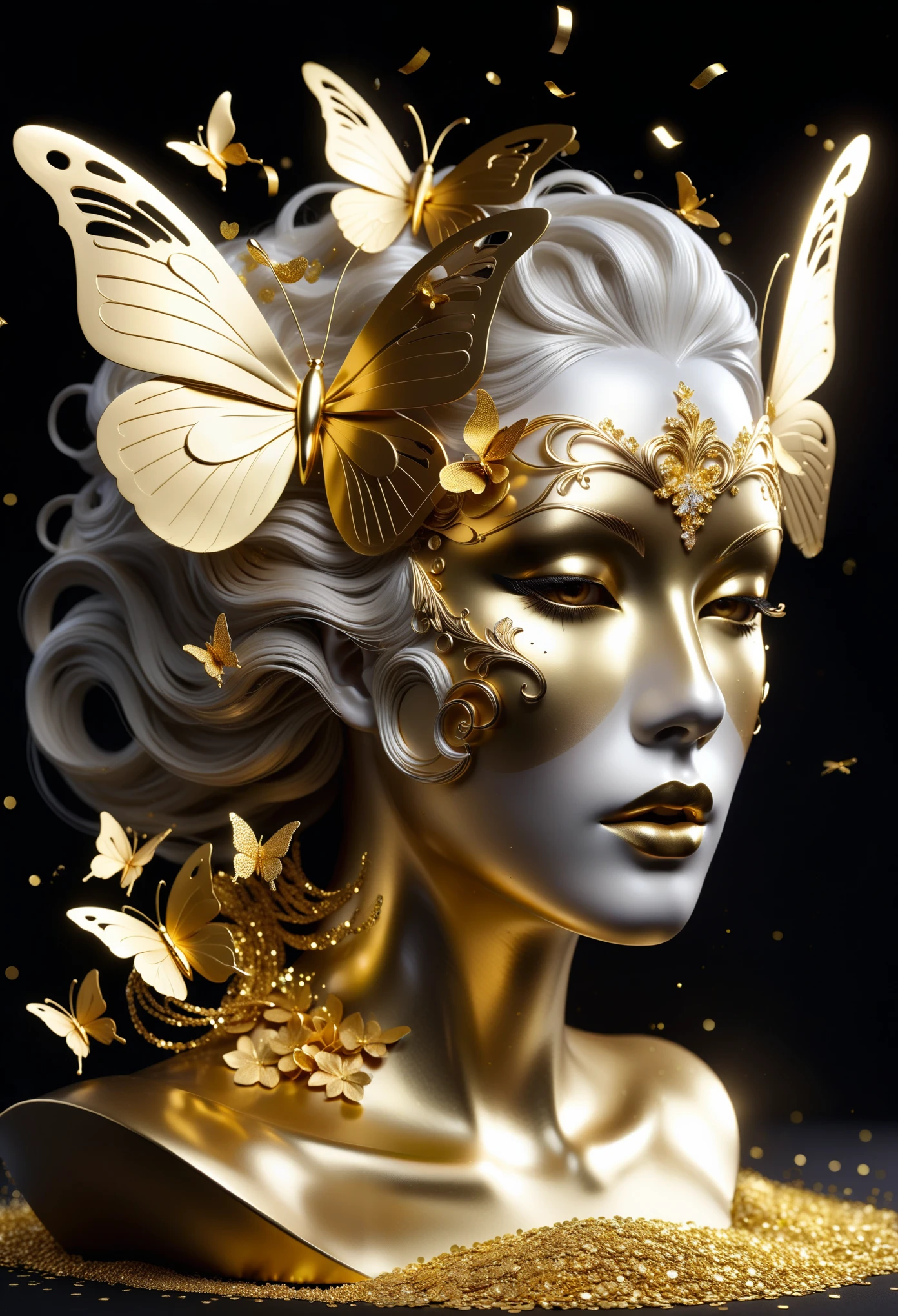 gold leaf art：1.5.Made of platinum，Golden mask，statue，golden tattoo，Flowing golden sands，Still Life Table Setting，dark background，Woman portrait sculpture，look up，Golden butterfly on cheek，Hollow butterfly wings，Gold Crumbs，Gold particles，modern style, High resolution, artwork，Advanced complex technology，(((Gold confetti falling in the air，Gold foil confetti：1.5)))
