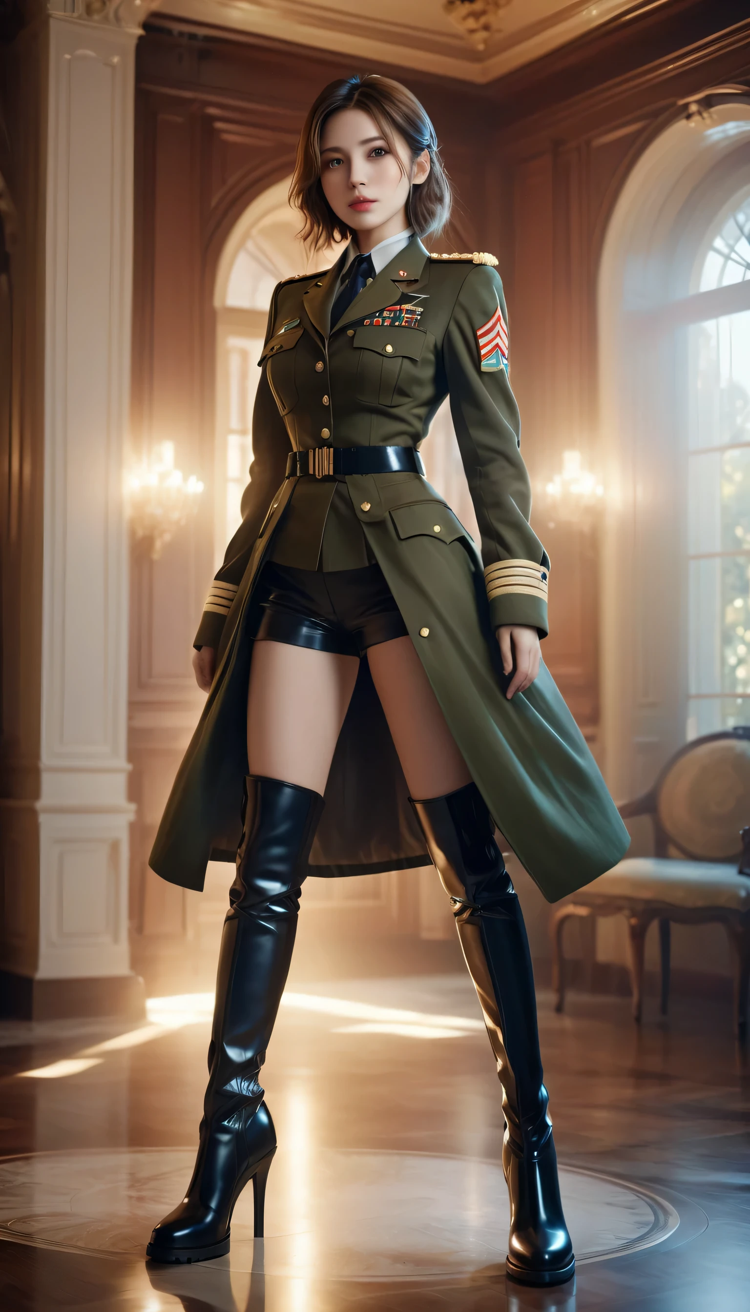 1 girl,wearing military uniform，military boots，Good player,4K, high resolution, masterpiece, best quality, head:1.3,((Hasselblad Photography)), Delicate skin, sharp focus, (movie lighting), soft light, Dynamic angle, [:(Detailed face:1.2):0.2], big breasts,(((Inside the mansion))),