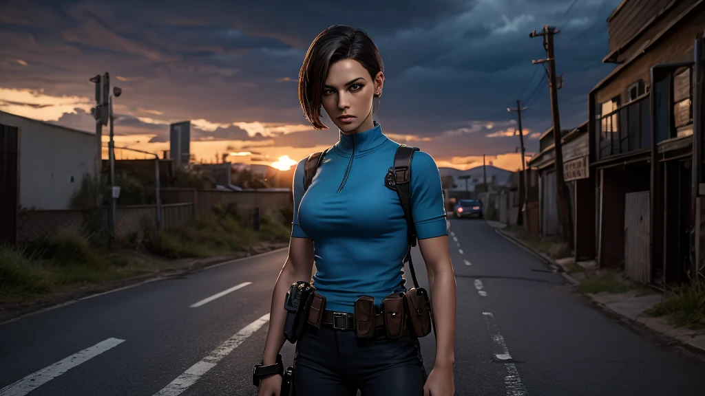 8k, meilleure qualité, Jill Valentine avec des abdominaux bien dessinés, un haut à col ouvert avec des étuis, Vêtements déchirés, une arme marchant dans une ruelle la nuit, ciel nuageux, avec des zombies derrière elle 