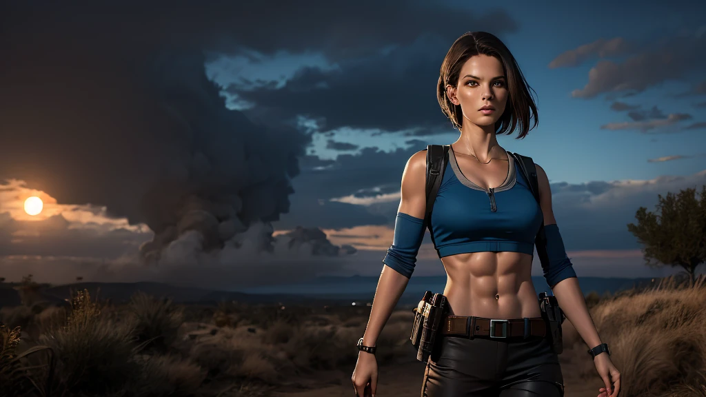 8k, melhor qualidade, jill valentine with strong abs top blouse with holsters, roupa rasgada, uma arma andando em um beco de noite, cloudy sky, with zombies behind her 