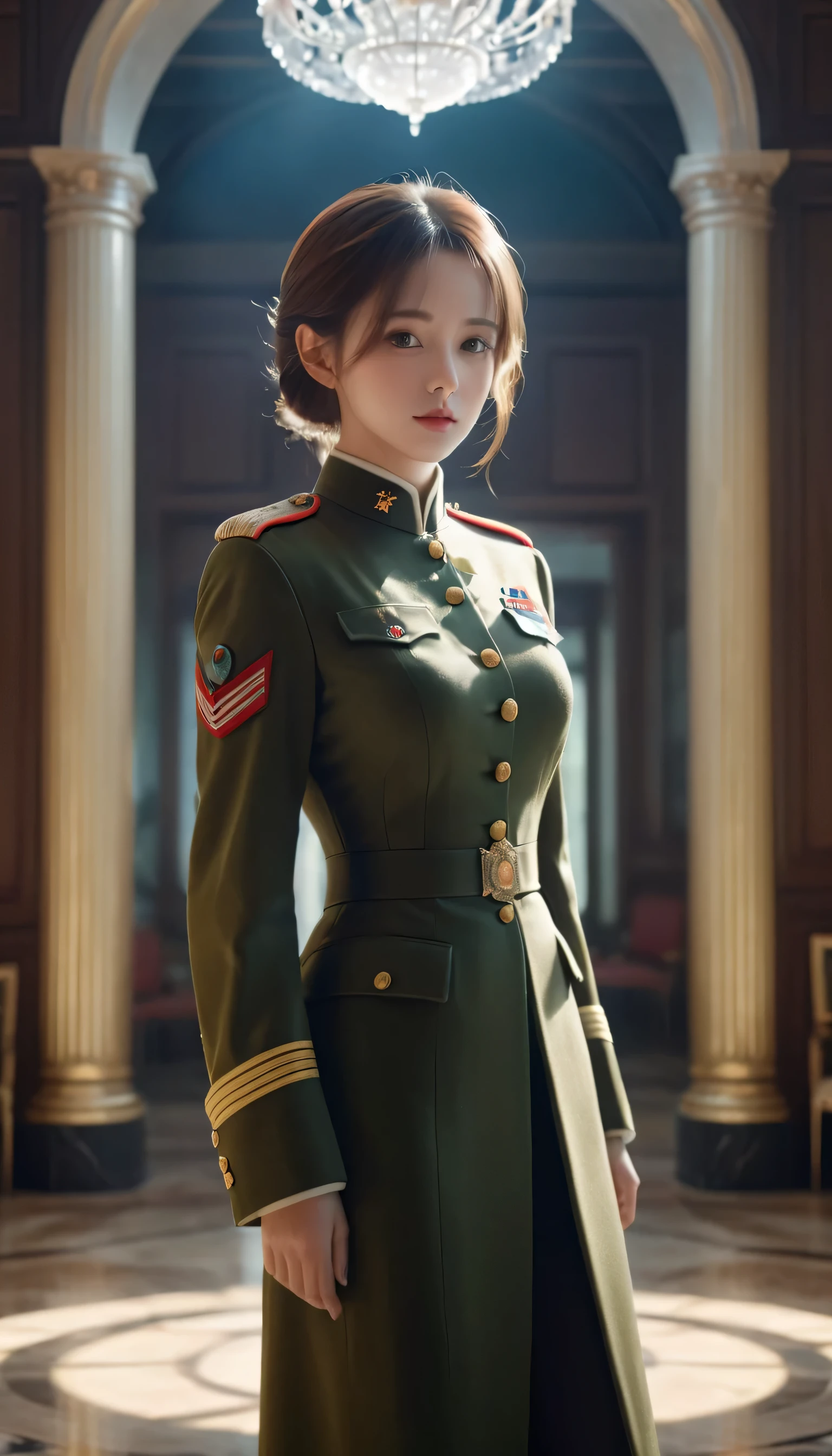 1 girl,wearing military uniform，Ball head expert,4K, high resolution, masterpiece, best quality, head:1.3,((Hasselblad Photography)), Delicate skin, sharp focus, (movie lighting), soft light, Dynamic angle, [:(Detailed face:1.2):0.2], medium breasts,(((Inside the mansion))),
