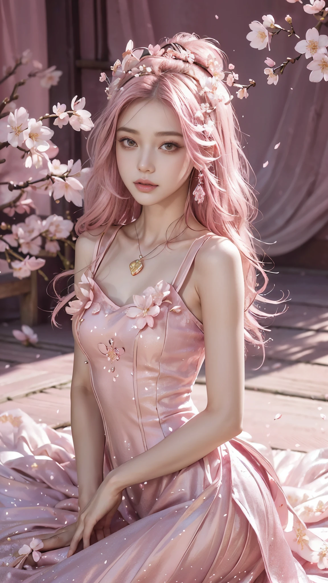 4K, Ultra HD, Masterpiece, 1 girl, (good face:1.4), detailed eyes, very long hair, princess dress, (pink dress:1.5), (wearing jwellery:1.5), (cherry blossom:1.5), (bloom effect:1.5), Detailed Fantasy Art, Stunning Character Art, beautiful Exquisite Character Art, Beautiful, Extremely Detailed, Exquisite Intricate Headdress and Jewellery, perfect body,