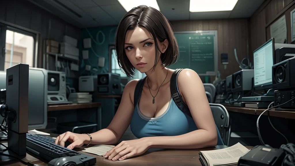 8k, best qualityer, Jill Valentine alone with a gun, sitting at the table of an abandoned futuristic biological laboratory with computers, blood spatter on the wall, shattered windows