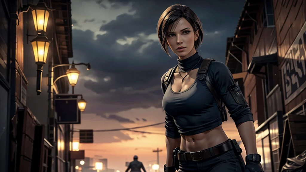 8K, mejor calidad, Jill Valentine con blusa superior de abdominales fuertes con fundas., ropa rasgada, un arma caminando por un callejón por la noche, cielo nublado, con zombies detrás de ella 