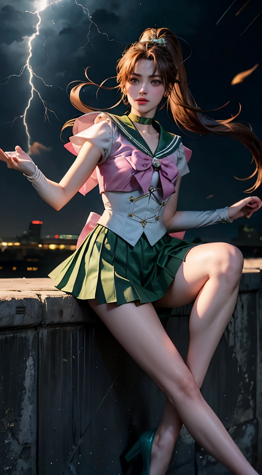 Jupiter, Green Eyes, ponytail, tiara, jewelry, Sailor Warrior Uniforms, green sailor collar, choker, Elbow hand pockets, White gloves, Pink ribbon, brooch, leotard, green skirt, night, city night sky, moon, lightning, Lots of lightning, heart brooch, , highest quality, masterpiece, High resolution, Intricate details, (( Realistic )), photograph, alone, Full Body,