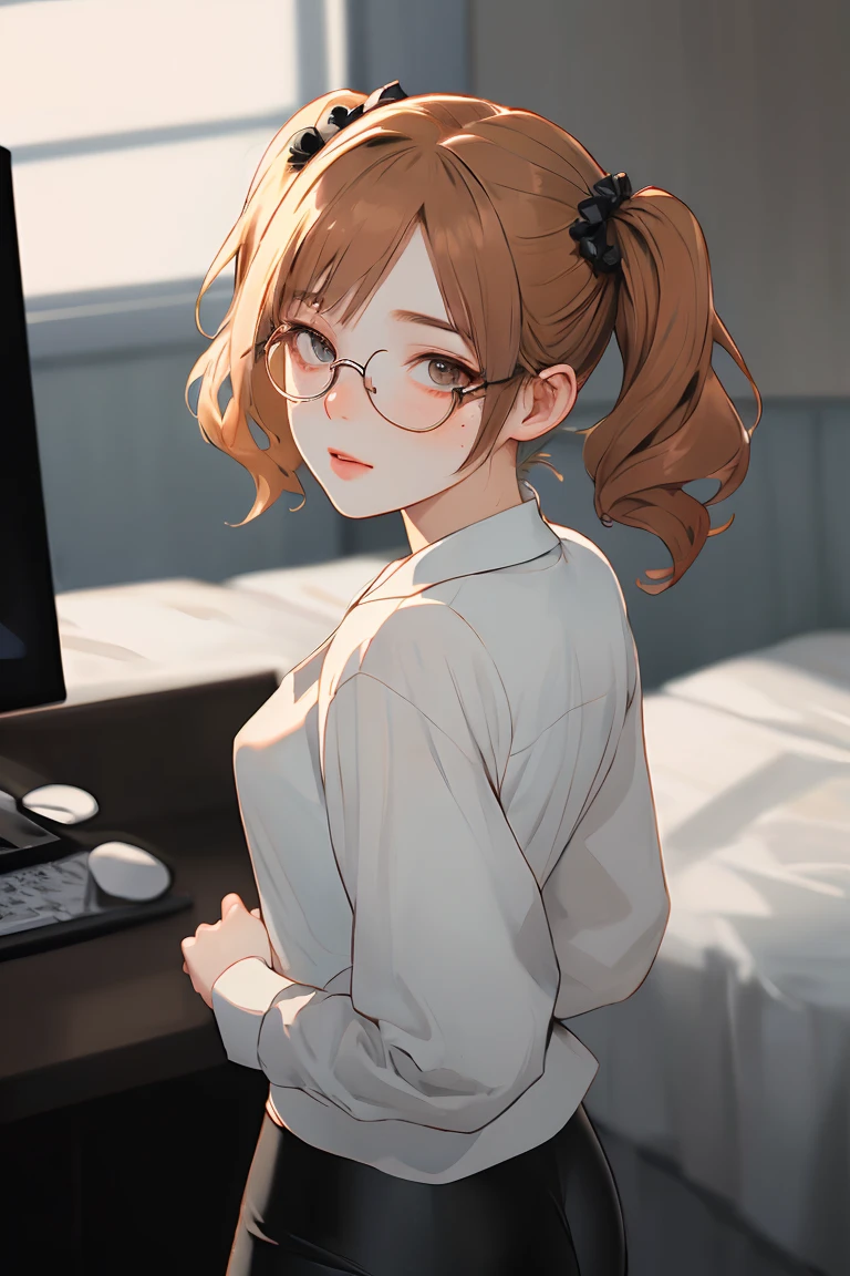  jack-o' challenge, from behind,, masterpiece, best quality, absurdres, highres, 4k, ray tracing, intricate details, highly detailed, (1girl:perfect face, cute, small breasts, long ginger hair, , twintails, glasses, freckles，shiny leggings)