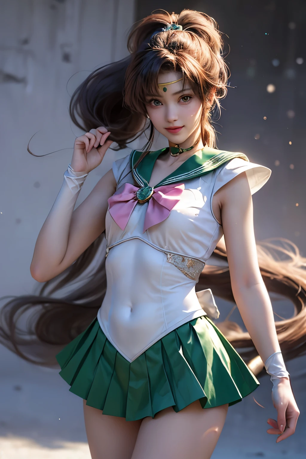 (Photorealistic:1.55), masterpiece, highest quality, be familiar with, woman,
Jupiter, Green Eyes, ponytail, tiara, jewelry, Sailor Warrior Uniforms, green sailor collar, choker, Elbow hand pockets, White gloves, Pink ribbon, brooch, white leotard, green skirt, Pleated skirt, smile, Look at the viewers, Cowboy Shot,
Sexy pose, Floating hair, Very long hair,
no_human,Remains,space,Shine,Chinese Valentine&#39;s Day,tanzaku,
to8 contrast style,
finely be familiar with beautiful eyes, close,