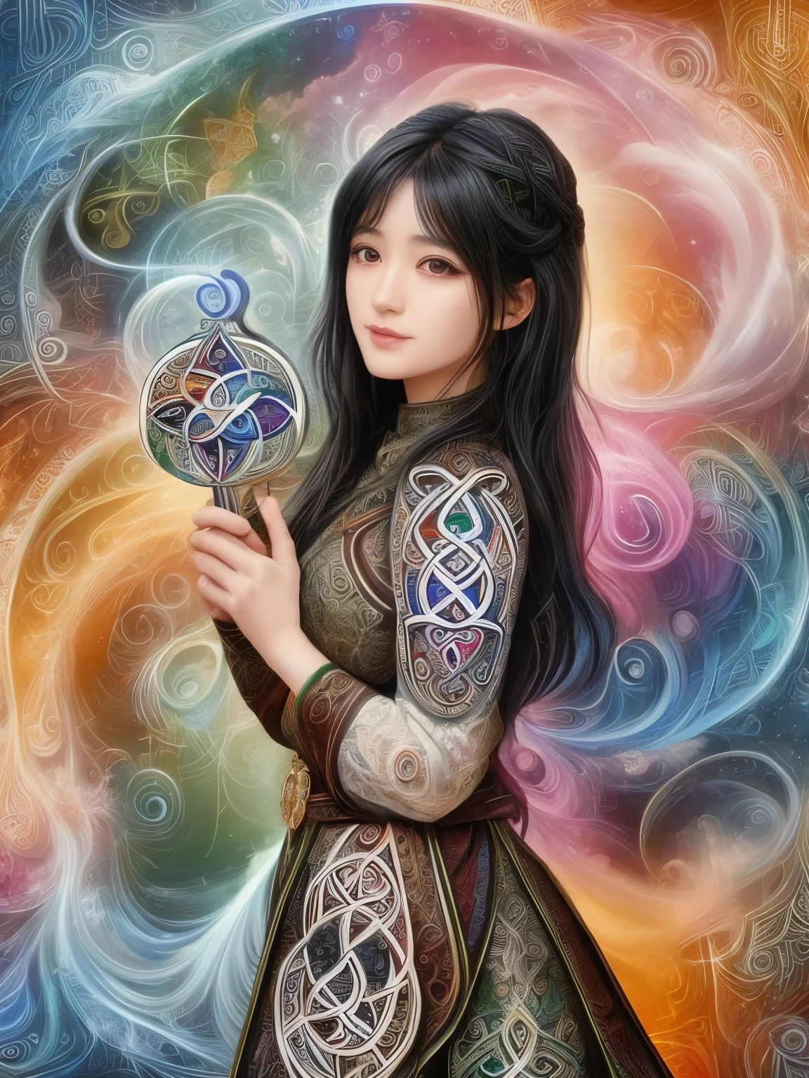 Stunning and beautiful Japanese girl with black hair standing in front of a colorful mist, hyper-realistic digital painting with Celtic art influences, soft and natural lighting, 8k, depth of field, soft light, Nikon Z9, 85mm, f/1.8, award-winning photography, clear detailed, high quality, vibrant colors, intricate patterns, Celtic knotwork, ancient art style