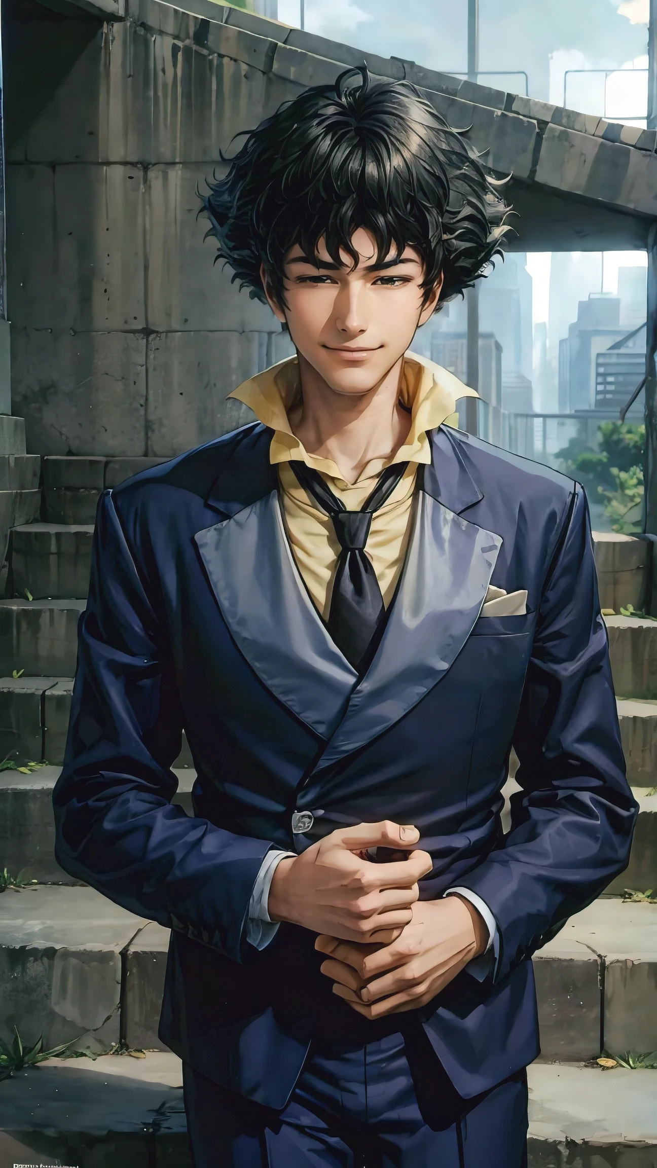 spikespiegel, formal, suit, jacket, necktie, pants masterpiece, best quality, absurdres, stairs, looking at viewer, smile, pointing at viewer, standing, upper body, left eye closed