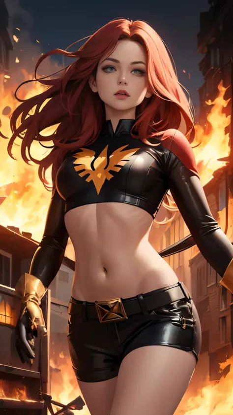 (Highly quality, masterpiece, detailed), burning city detailed scenario, burning city detailed background, jean-grey, belt, red ...