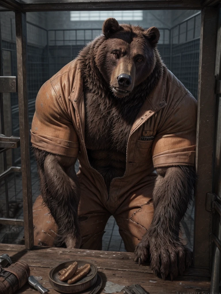Prison setting, prison cell, bear, equine, orange clothing, prison jumpsuit, flex, muscular, barazoku, evil grin, torn clothing,
BREAK,
(detailed background:1.2),high detail, film photography, RAW candid cinema, realistic, analog style, best quality, ultra realistic, 8k, (by taran fiddler),