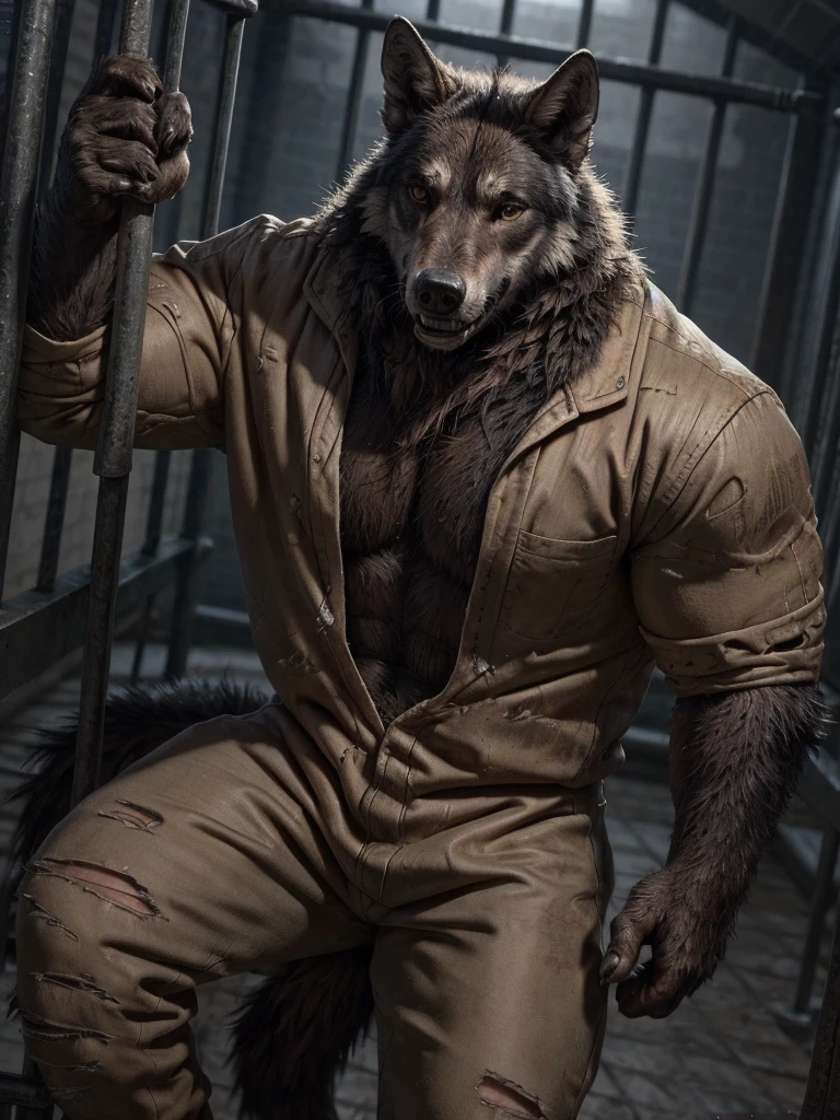 Prison setting, prison cell, wolf, equine, orange clothing, prison jumpsuit, flex, muscular, barazoku, evil grin, torn clothing,
BREAK,
(detailed background:1.2),high detail, film photography, RAW candid cinema, realistic, analog style, best quality, ultra realistic, 8k, (by taran fiddler),