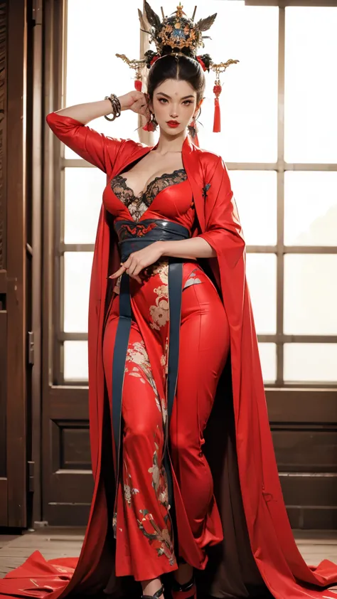 wearing dreamy hanfu。tight，high heel。breast protrusion。breasts are larger than the torso。perfect body，supermodel。 leg ring。good ...