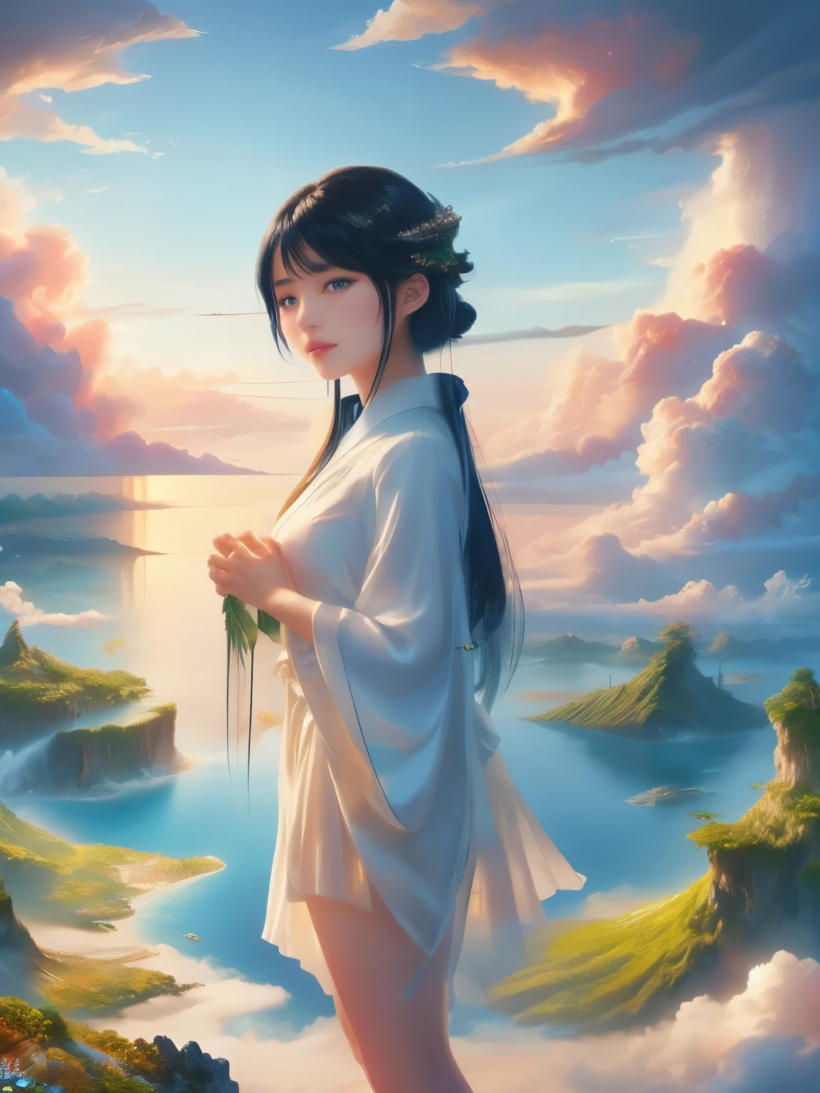 Stunning and beautiful Japanese girl with black hair standing on a floating island in the sky, hyper-realistic digital painting, soft and natural lighting, 8k, depth of field, soft light, Nikon Z9, 85mm, f/1.8, award-winning photography, clear detailed, high quality, fantasy art