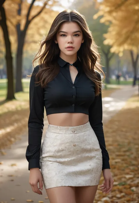 photo of beautiful Hailee Steinfeld, (((walking in a park in fall))), modelshoot style, (extremely detailed CG unity 8k wallpape...