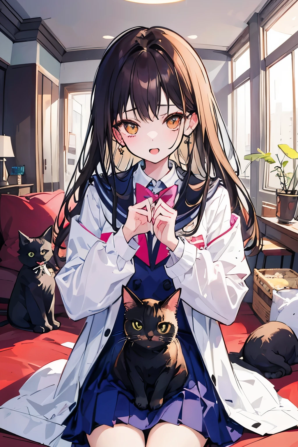 A girl and a cat、I put a black cat on my lap while we stare at each other、cute、The coat is clean、Stand up、
high school girl、Girl with brown hair、
The background is the living room of the house、