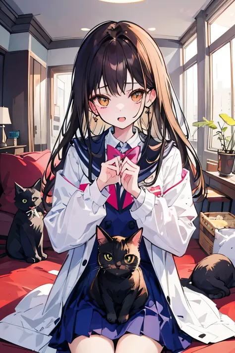 A girl and a cat、I put a black cat on my lap while we stare at each other、cute、The coat is clean、Stand up、
high school girl、Girl...