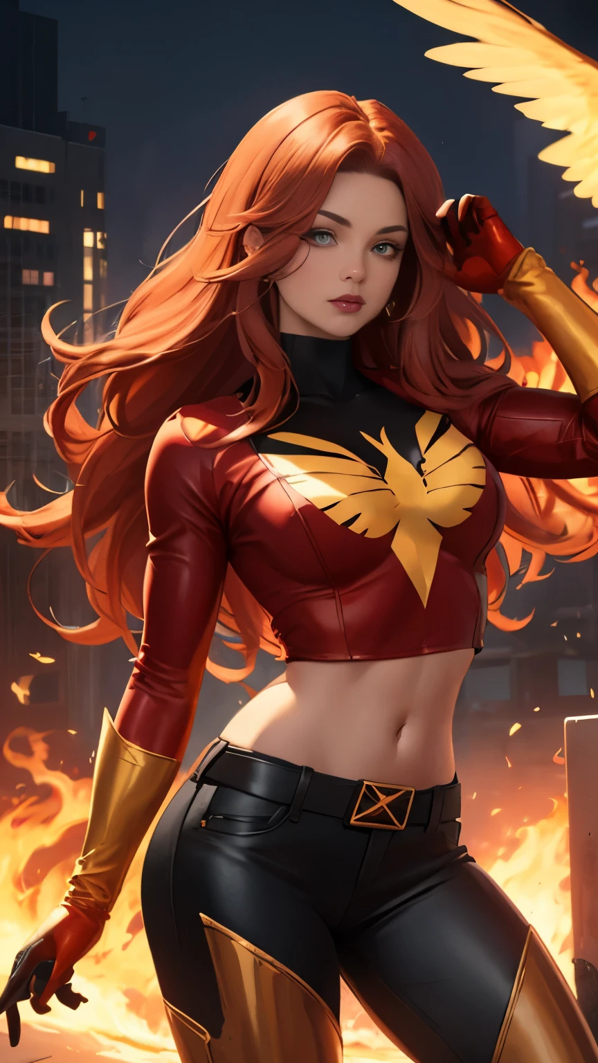 (Highly quality, masterpiece, detailed), burning city detailed scenario, burning city detailed background, jean-grey, belt, red leather crop top, gloves, Phoenix symbol on chest, red leather pants, navel, perfect face, beautiful eyes, looking at the viewer, Sexy pose