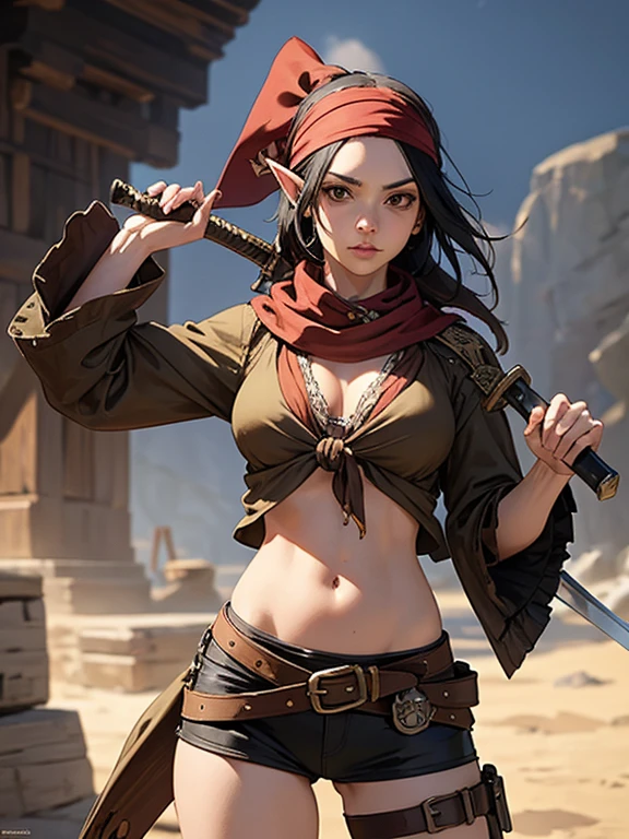 Masterpiece, digital artwork, cowboy shot, A pirate elf lady , just a random scallywag, black tied hair, brown eyes, with a sword, highly detailed, intricately detailed, navel, waist, (pirate bandana:1.2)