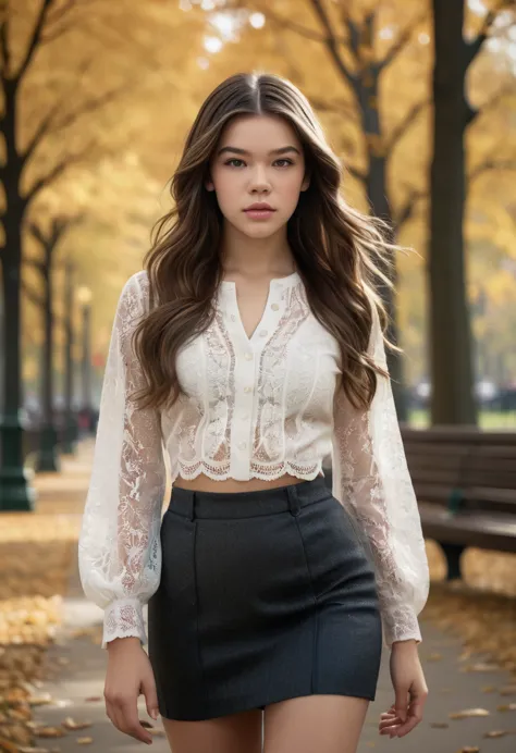 photo of beautiful Hailee Steinfeld, (((walking in a park in fall))), modelshoot style, (extremely detailed CG unity 8k wallpape...