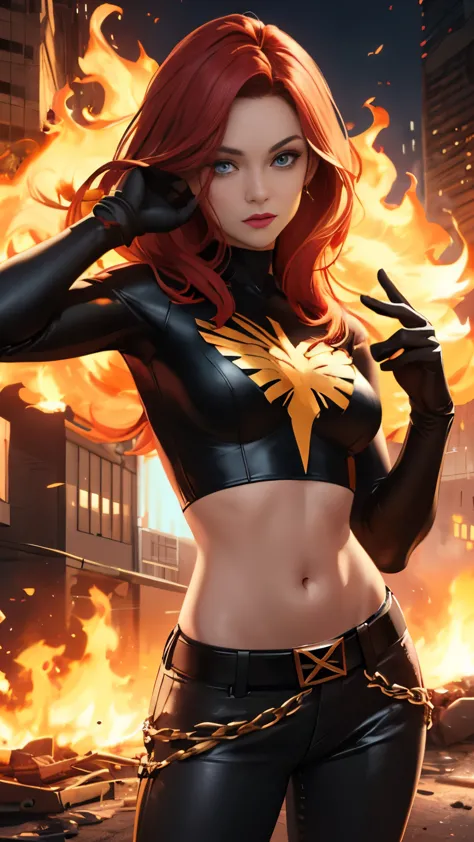 (Highly quality, masterpiece, detailed), burning city detailed scenario, burning city detailed background, jean-grey, belt, red ...