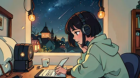 Create a scene of a 25-year-old girl looking outside, while listening to music with her headphones, in a calm and relaxed enviro...