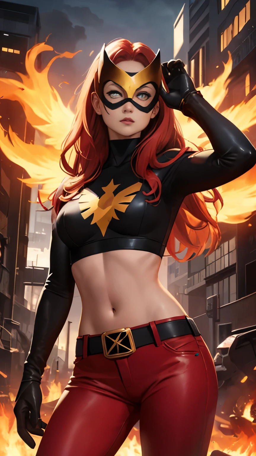 (Highly quality, masterpiece, detailed), burning city detailed scenario, burning city detailed background, jean-grey, belt, red leather crop top, gloves, Phoenix symbol on chest, red leather pants, mask, navel, perfect face, beautiful eyes, looking at the viewer, Sexy pose