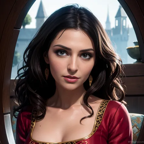 Masterpiece, best quality, detailed face, Mother Gothel, long red dress, brown hair, looking at viewer, sexy smirk, in a tower, ...