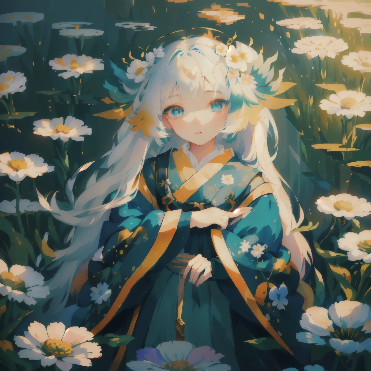 A cartoon girl with long white hair and blue eyes stands in a field of daisy flowers, palace ， girl wearing hanfu, Artwork in the style of Guweiz, Lovely and detailed digital art, Stylized anime, Inspired by Lan Ying, Digital anime illustration, Inspired by Xie Sun, Cute digital art, Official Fanart, Onmyoji detailed art, Onmyoji Portrait