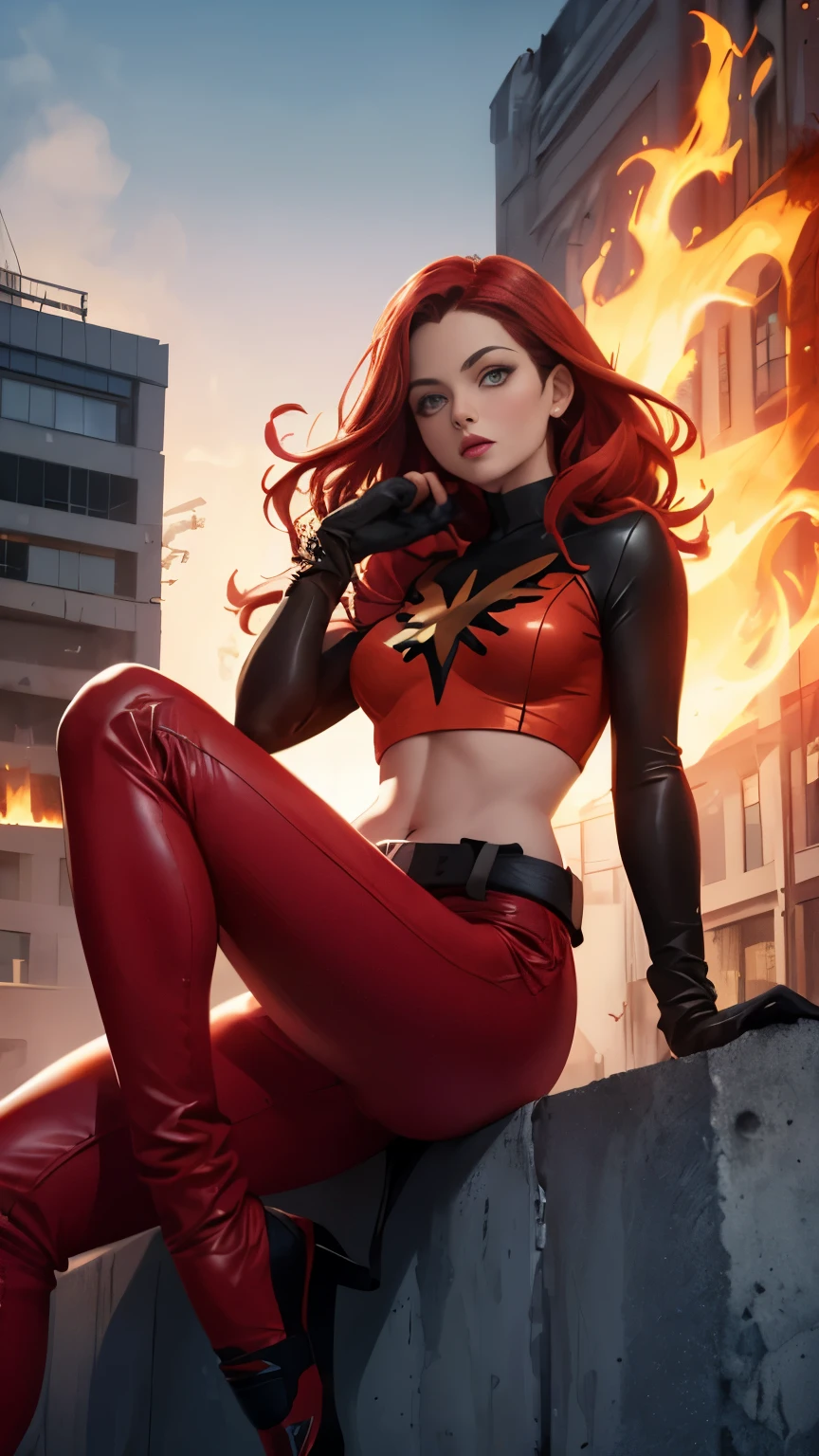 (Highly quality, masterpiece, detailed), burning city detailed scenario, burning city detailed background, jean-grey, belt, red leather crop top, gloves, Phoenix symbol on chest, red leather pants, sitting on top of a building, navel, perfect face, beautiful eyes, looking at the viewer, Sexy pose