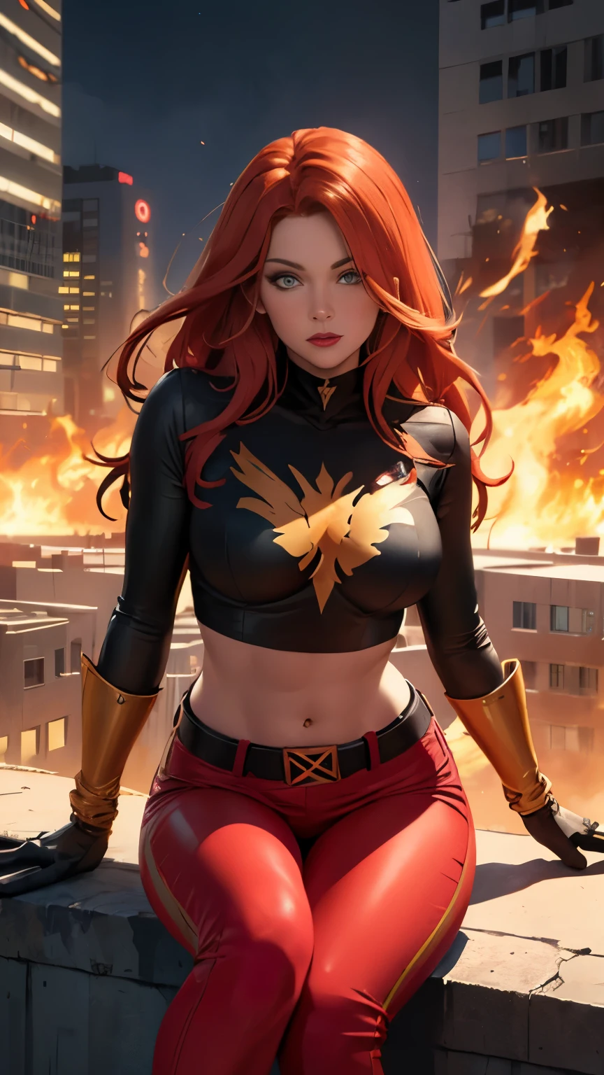 (Highly quality, masterpiece, detailed), burning city detailed scenario, burning city detailed background, jean-grey, belt, red leather crop top, gloves, Phoenix symbol on chest, red leather pants, sitting on top of a building, navel, perfect face, beautiful eyes, looking at the viewer, Sexy pose