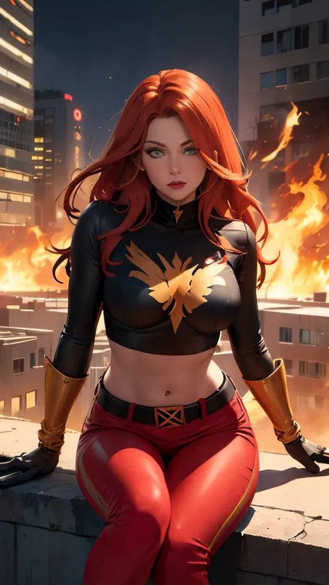 (Highly quality, masterpiece, detailed), burning city detailed scenario, burning city detailed background, jean-grey, belt, red ...