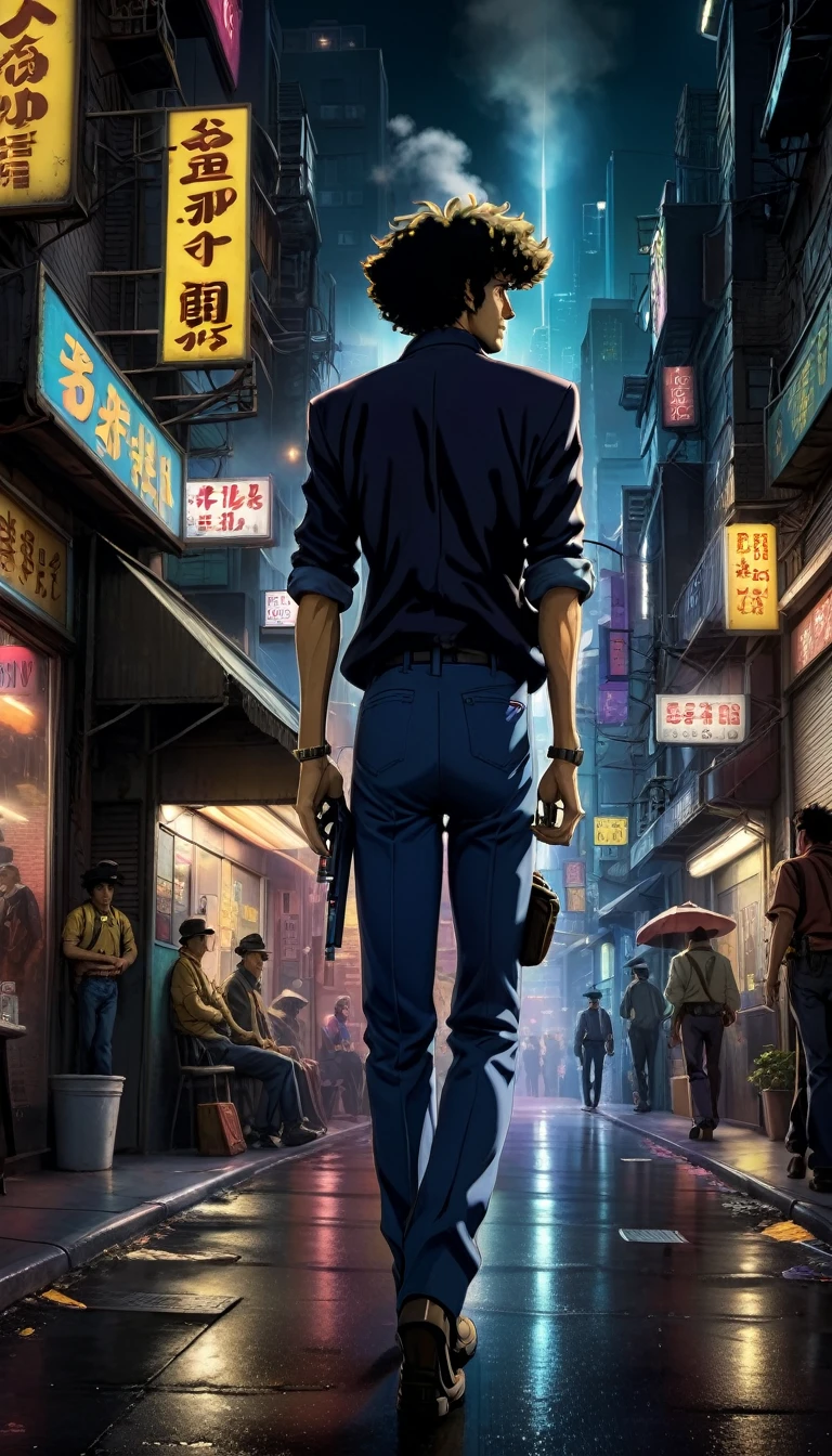 spike spiegel,walking down the street in a space City,nonchalantly smoking a cigarette,cowboy bebop style,illustration,ultra-detailed,realistic,photorealistic:1.37,(best quality,4k,8k,highres,masterpiece:1.2),vivid colors,bokeh,dark and moody lighting