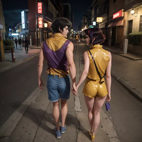 (masterpiece, best quality:1.2), 1boy and 1girl, Spike Spiegel, Faye Valentine, from above, from behind, they are walking togeth...
