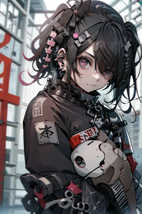 teddy bear、teddy bear、🧸、black hair、side ponytail、kung fu、kick、kung fu、blood splatter、cadaver、morning、gothic punk、earrings、hair o...