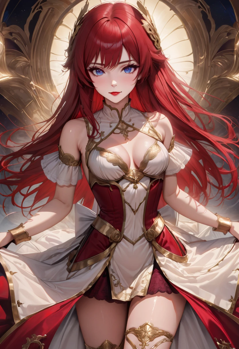 anime style of a athena goddess , luxurious glittering athena style, dark and mysterious version, athena crown, lipstick red lips, thin and pretty lips, intricate detail, vast and mysterious background, detailed background, extremely detailed, light magic, with a sharp and cunning face, and lush red lips, long red hair, big red layer bang down to her shoulders, framing her fair and rosy complexion, bare shoulders and plunging neckline, Adorned with a stylishly draped coat, natural round breasts, smooth white armpits, red lace lingerie, armor skirt, armor tank top with luxury gown. invoking cosmic energies, enchanted moonlight, casting light magic , radiant dazzling glow, emanates soft pure white light, interspersed with gentle gold and pale yellow hues, shimmers like sunlight filtering through a morning mist, casting a warm, comforting presence, gracefully, beams of light bend and spread, creating a sense of serenity and hope, thigh gap, atmospheric, mist, insanely detailed, masterpiece, best quality, hyper realistic, hyper detailed masterpiece, dynamic, awesome quality, detailed face, detailed body, shiny skin, round breasts, natural breasts, medium perfect breasts, seduce face, seduce eyes, sexy pose, cleavage cutout, Perfect Hands, perfect eyes, flying in the sky, blue sky, cloudy, sun light
