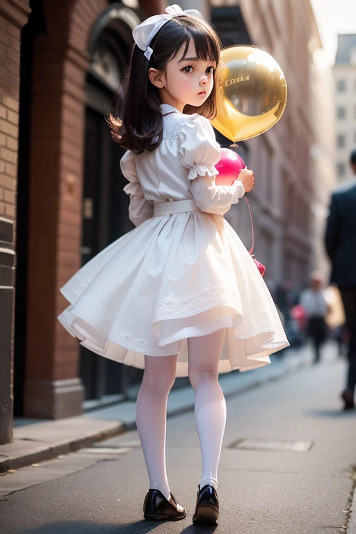 ((holding a ballon)), (((full body))), real photo, 10 years old girl, Brat female , ((looking back at me)), white tights wear, dress shoes,