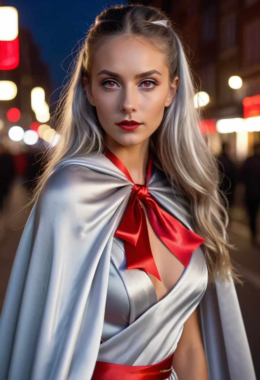 (RAW Photo) , (highly detailed:1.20) , ultra realistic :1.10) ,sexy girl in her 20s , (perfect face:1.20) , (detailed red eyes:1.20) , with long silver hair in ponytail , (((long silver satin cape tied at the neck with a ribbon :1.20))) , naked  , full body, walking down street at night , high-quality ultra realistic style, detailed eyes, professional, expressive , 8K , highly detailed , professional,